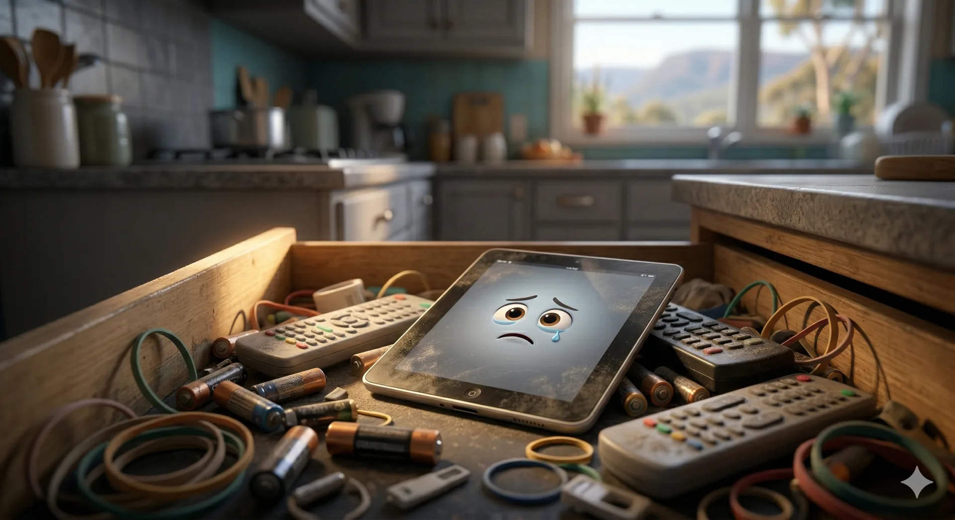A frustrated person surrounded by tangled technology and devices