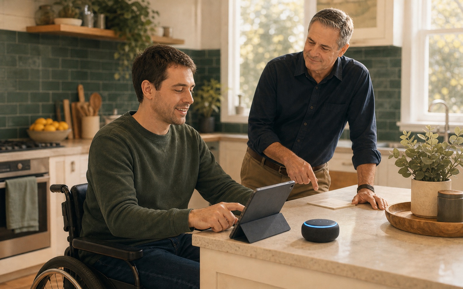 A wheelchair user using a tablet and voice assistant while a technology support worker explains the setup