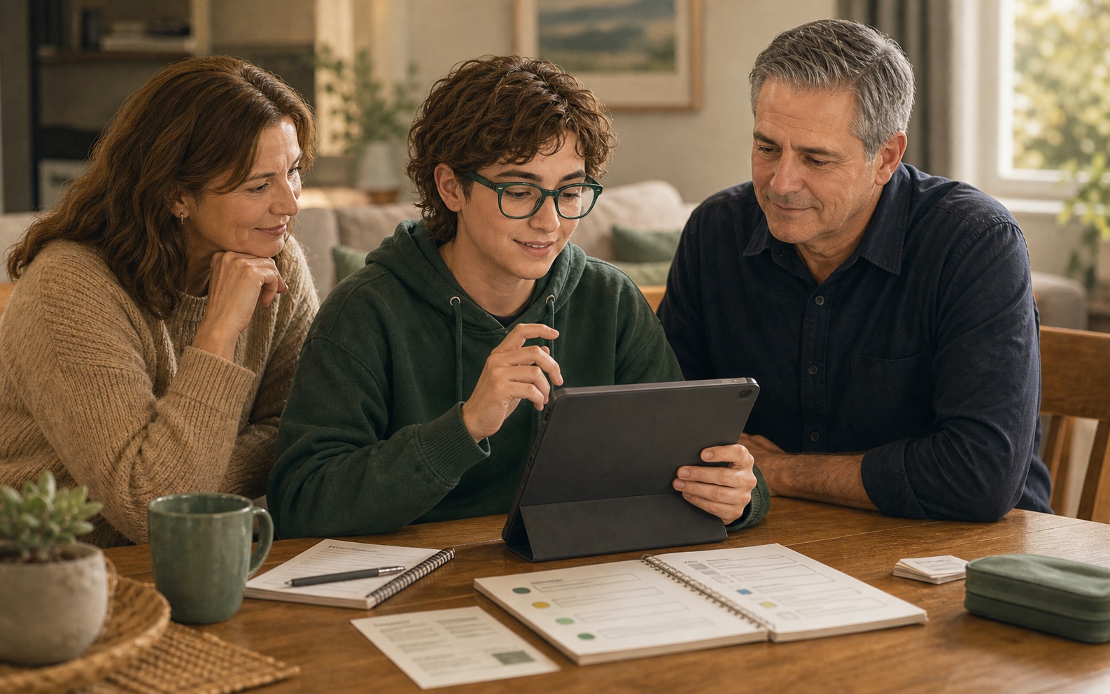 A client using a tablet support tool with a family member and technology support worker nearby