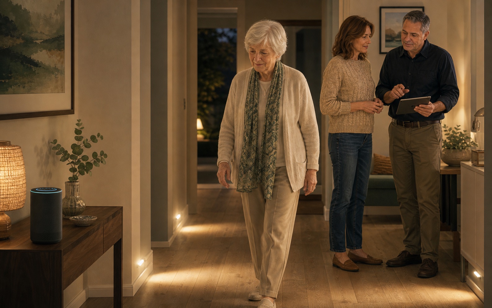 An older person walking safely through a hallway with motion lighting while support people review the setup