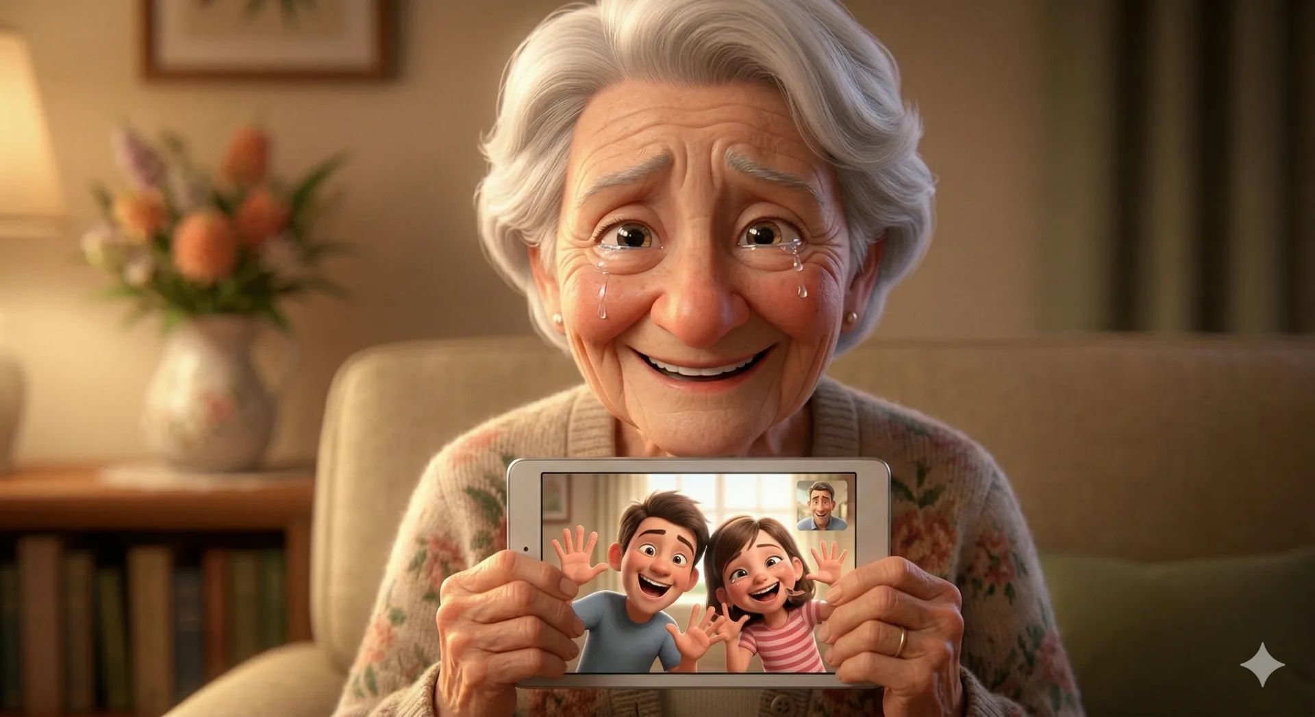 A grandmother smiling during a video call with her grandchildren on a tablet