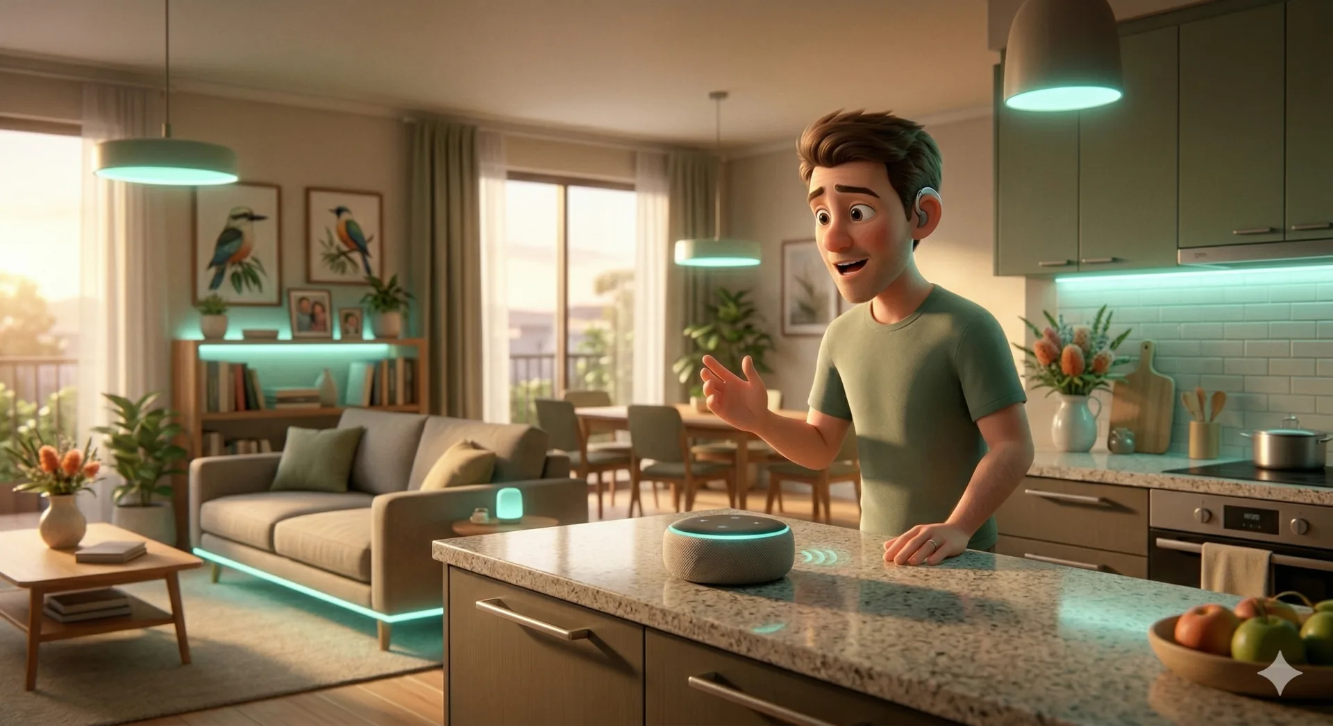 A person using a voice assistant in their living room
