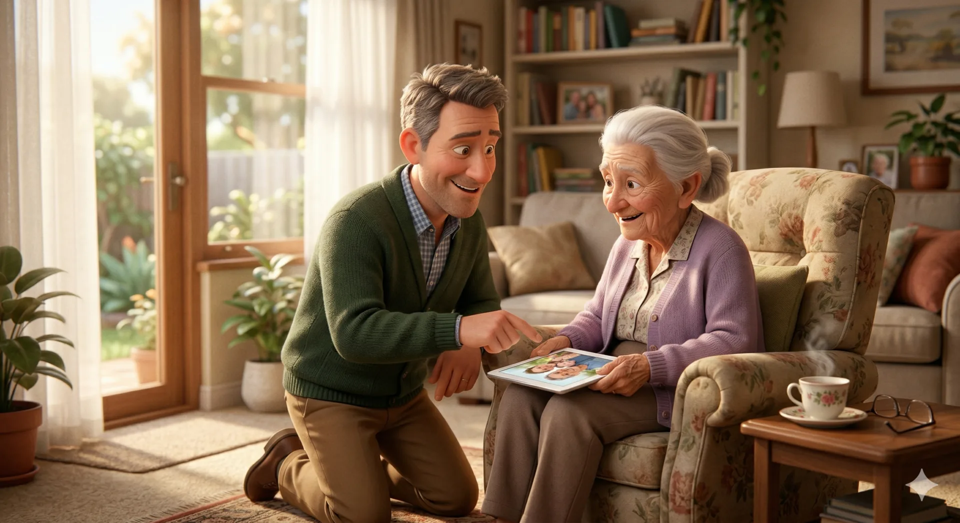 A senior woman in an armchair getting patient help with her tablet